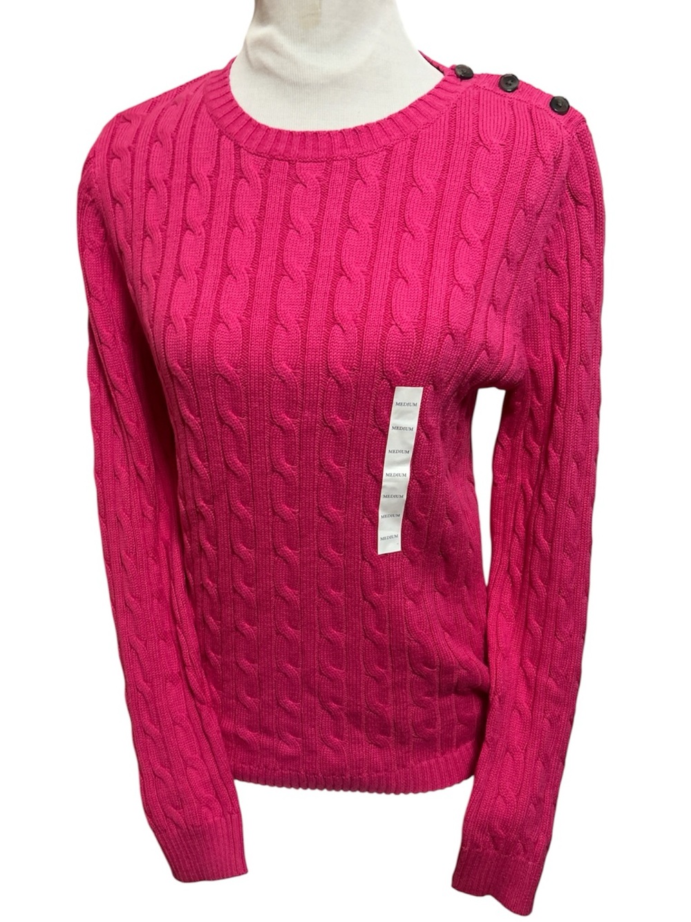 NWT Croft & Barrow Bright Pink Cable Crewneck Sweater Button Detail Preppy M